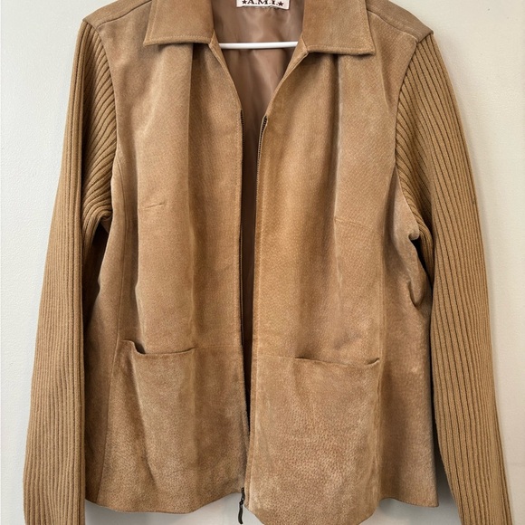 Vintage AMI Preppy Suede Leather Tan Zip Up Jacket Cotton sleeves Large - XL - Picture 6 of 12